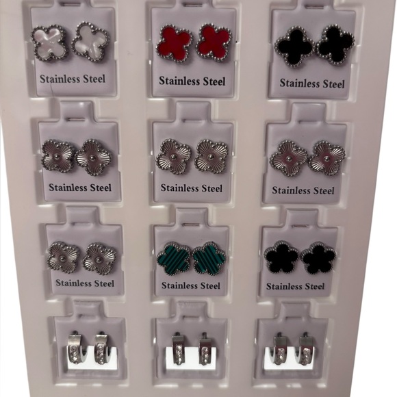 Stainless Steel Clover Stud Earrings and Huggy Hoops - Picture 1 of 1
